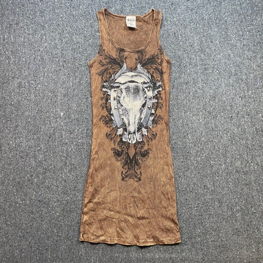 Vocal Steer Skull Horseshoe Tank Sz S Womens Brown Western Gothic Rhinestone